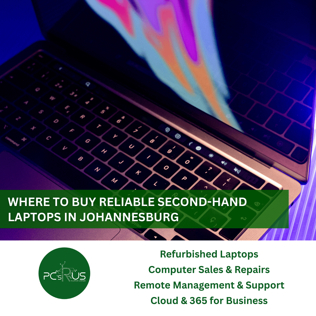 Open laptop with colorful screen on a purple-blue surface. Green text reads “Where to Buy Reliable Second-Hand Laptops in Johannesburg.” Services listed below.